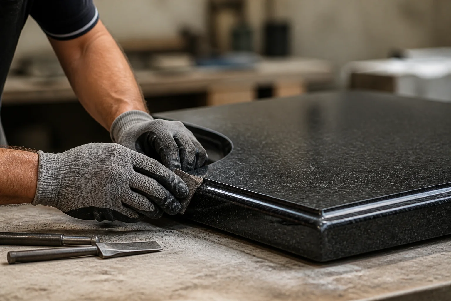 Gloved hands finishing the edge of a stone slab